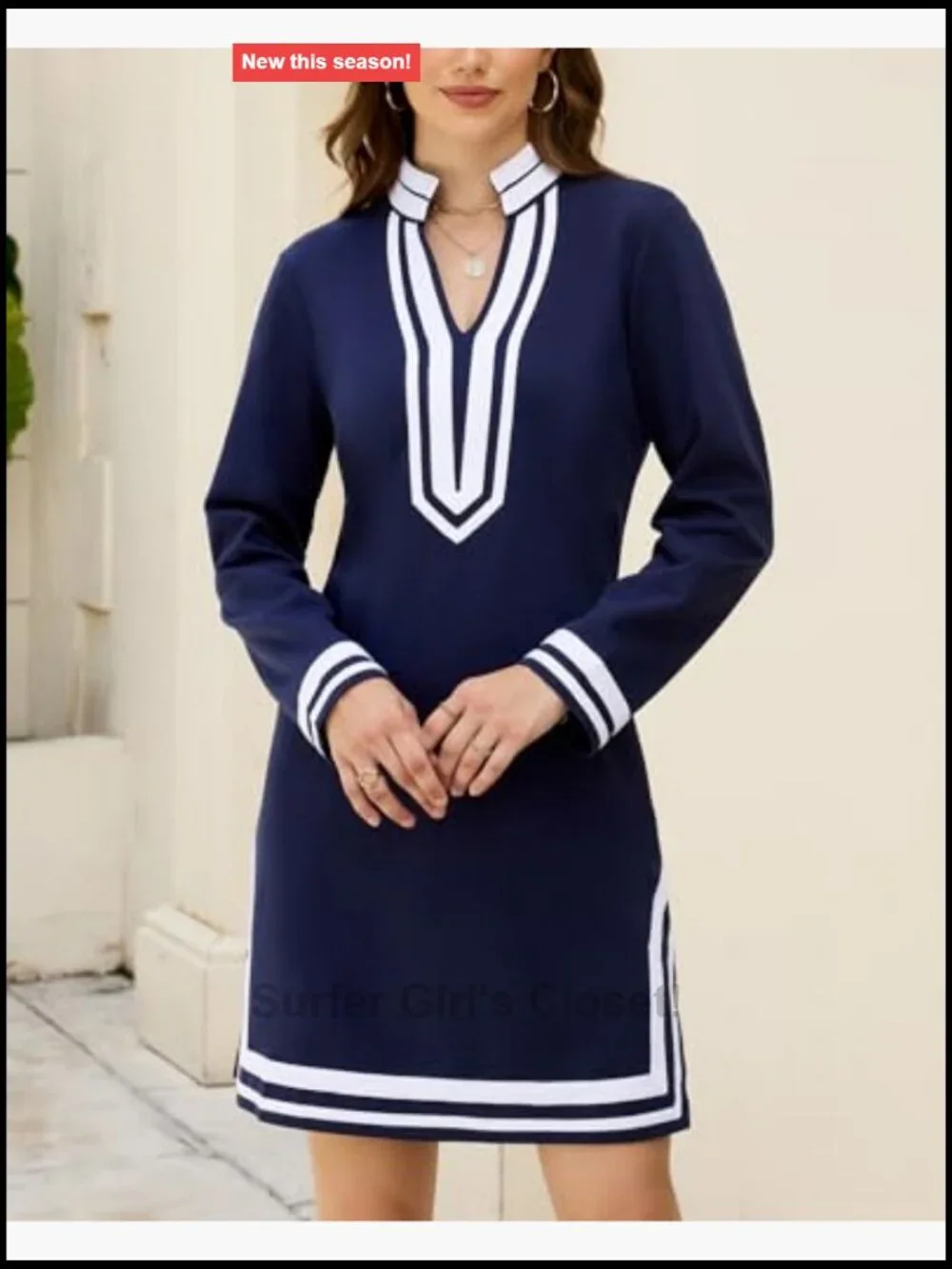 Color Block Long Sleeve V-Neck Shift Mini Dress Casual Tunic